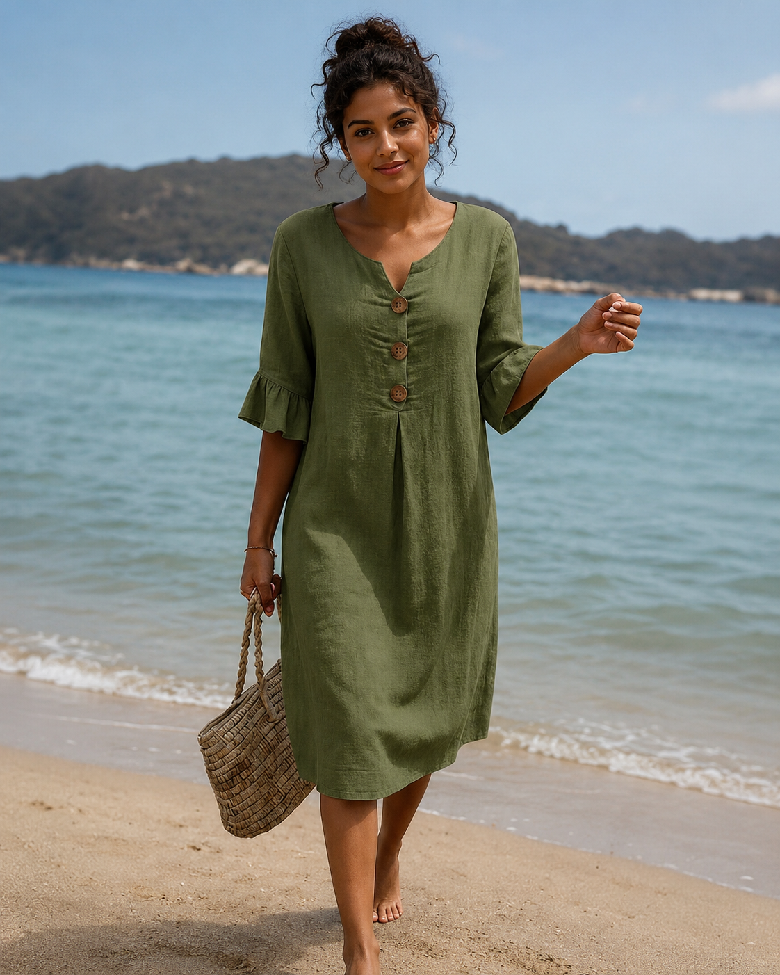 Éliane - Elegantes Kleid mit Knopf und V-Ausschnitt