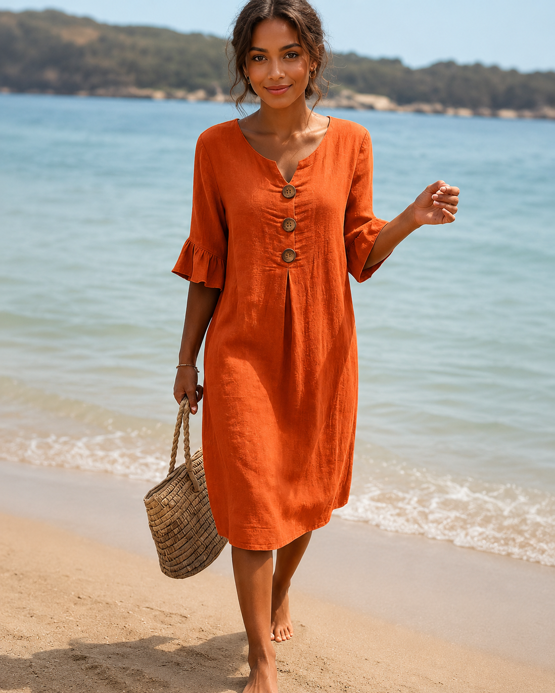 Éliane - Elegantes Kleid mit Knopf und V-Ausschnitt