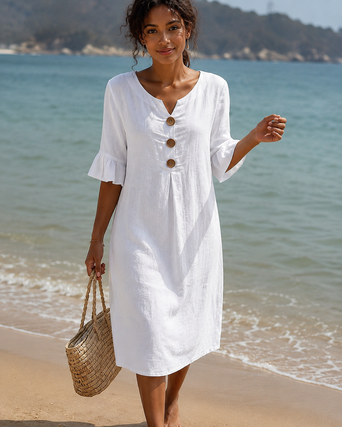 Éliane - Elegantes Kleid mit Knopf und V-Ausschnitt