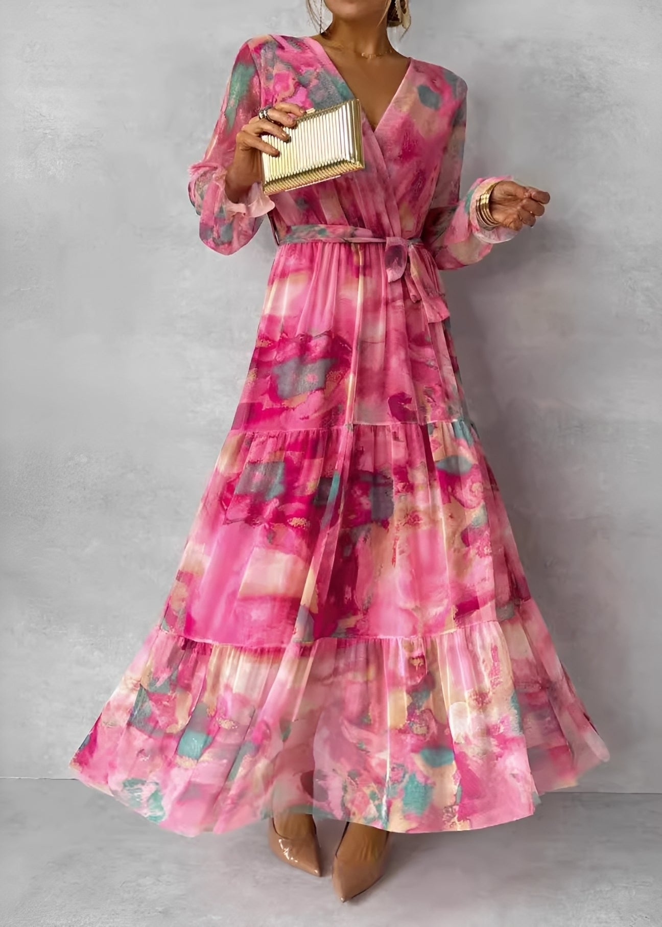 Melissa - Langes Damenkleid mit Ärmeln und Blumendesign
