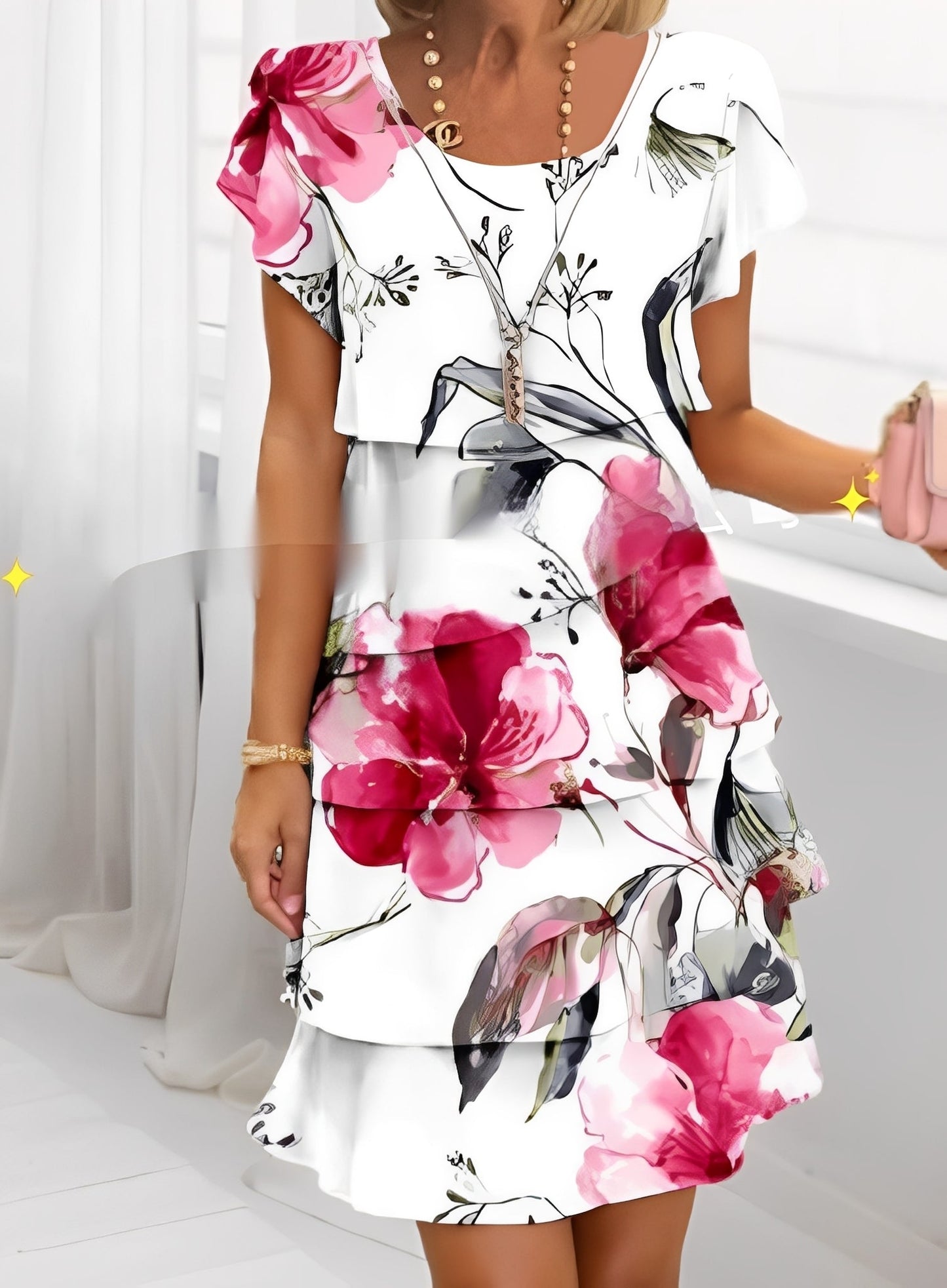 Caroline - Stilvolles Damen-Rüschenkleid mit kurzen Ärmeln